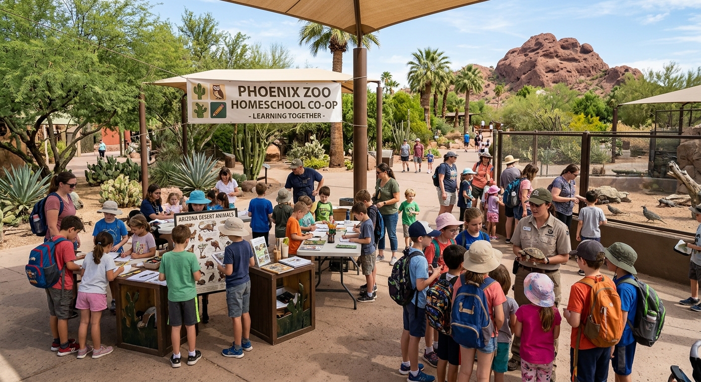 Homeschool families learning together during a zoo field trip
