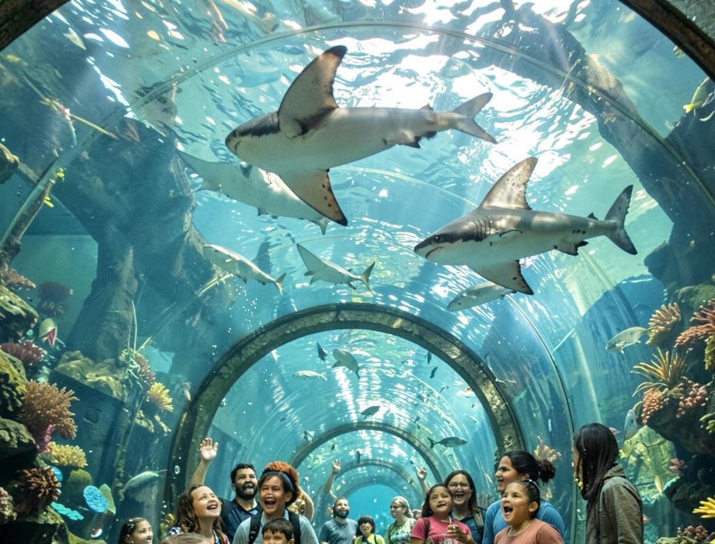 Families exploring an underwater aquarium tunnel