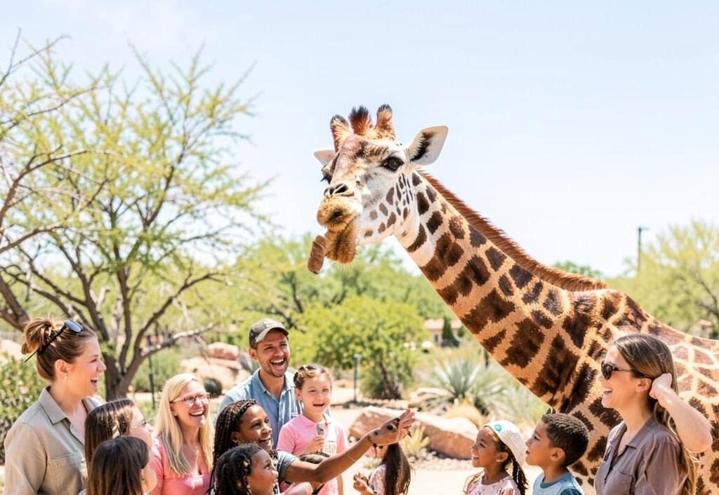Families meeting a giraffe at an Arizona wildlife park